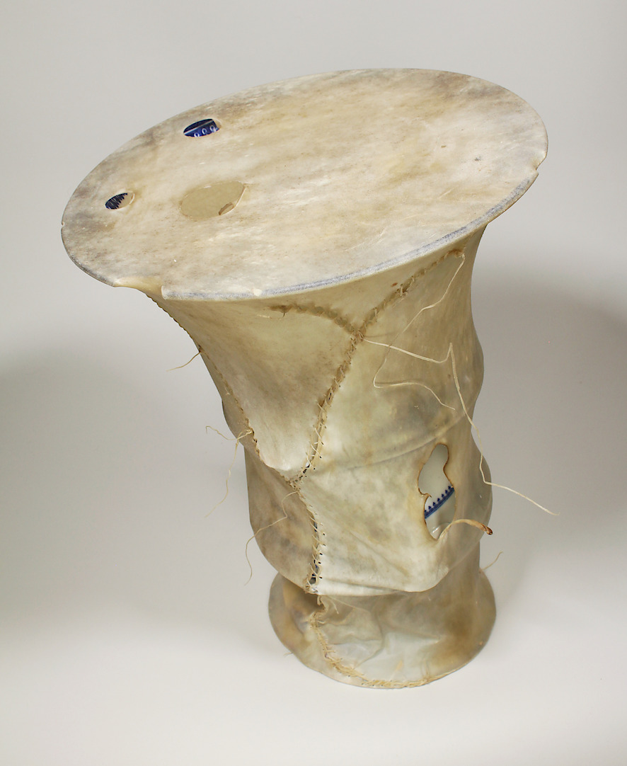 Stack Collapse, 2017, ceramic, rawhide, 9.5 x 9.5 x 13.75 in